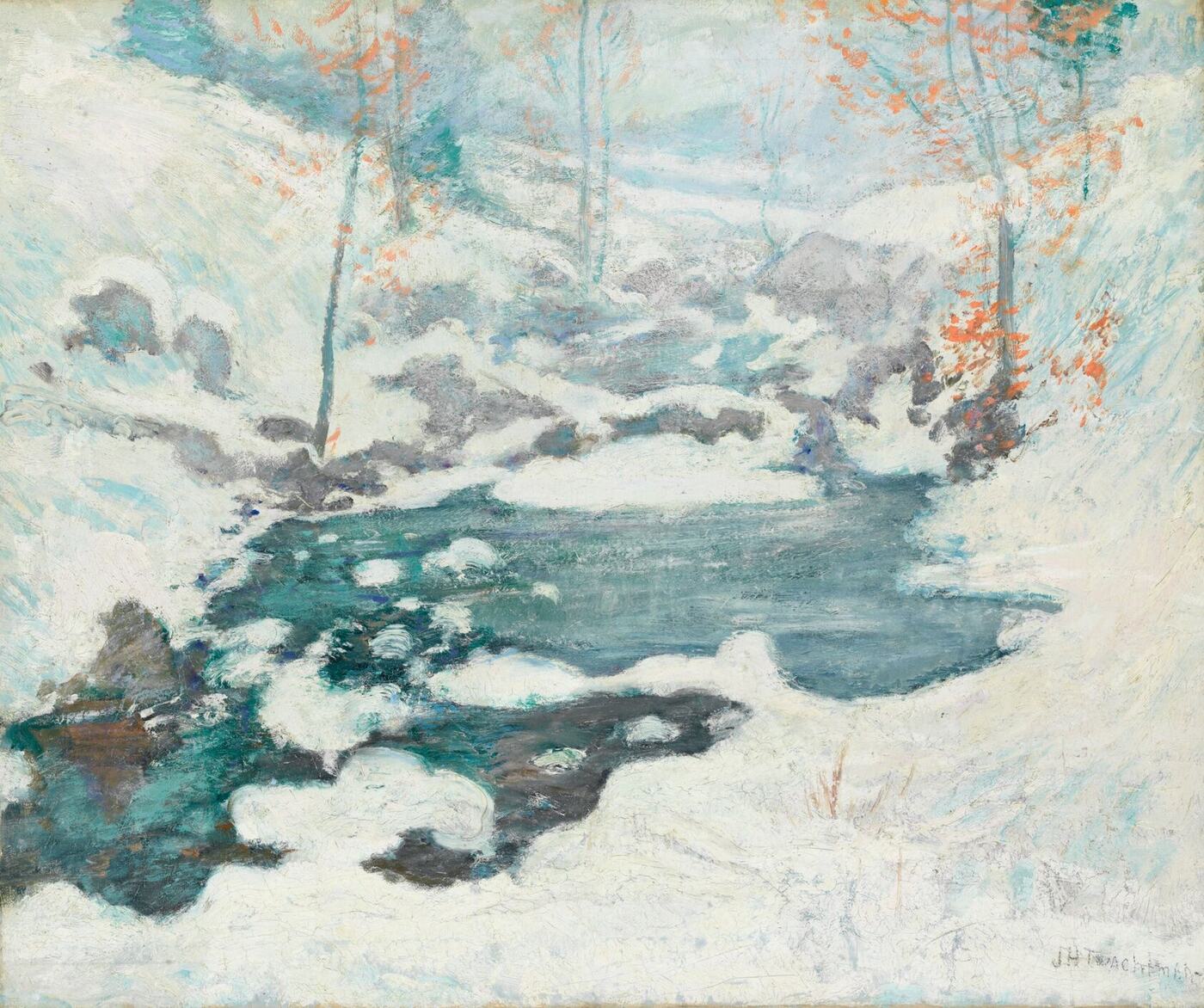 约翰·亨利·特瓦克特曼《冰封》：冰雪覆盖的溪谷，象征雪原中的母爱守护