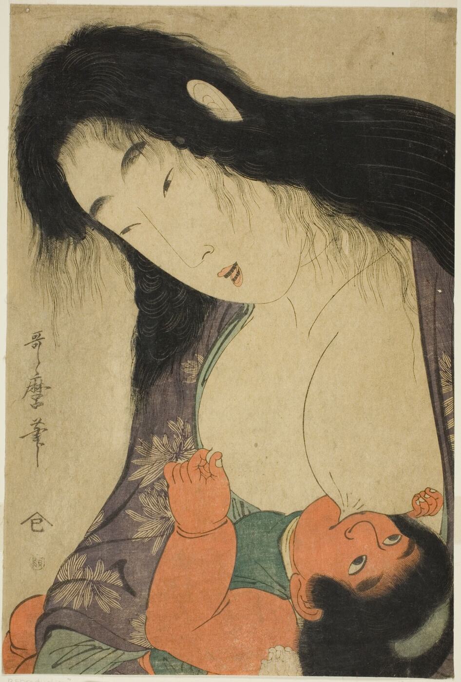 喜多川歌麿《山姥与金太郎》：山姥怀抱金太郎哺乳